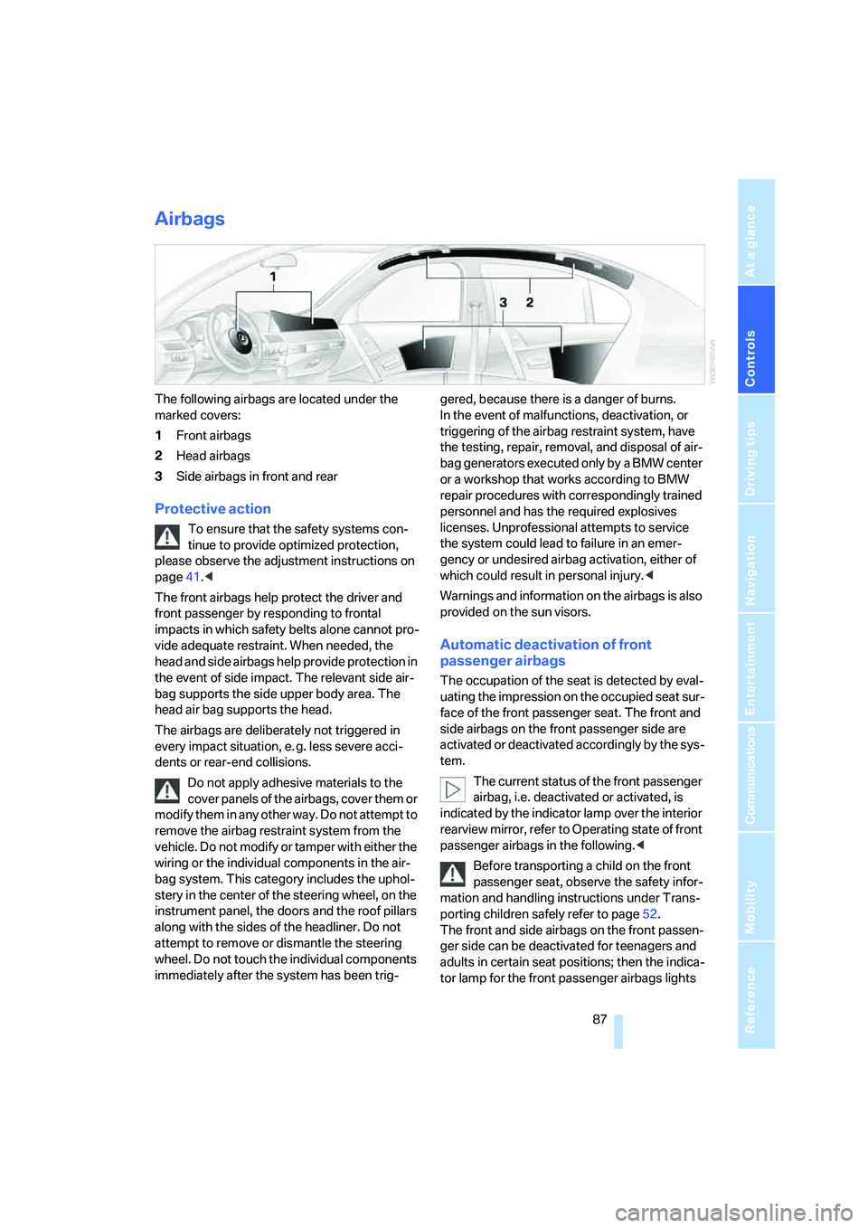 BMW M5 2007  Owners Manual Controls
 87Reference
At a glance
Driving tips
Communications
Navigation
Entertainment
Mobility
Airbags
The following airbags are located under the 
marked covers:
1Front airbags
2Head airbags
3Side a