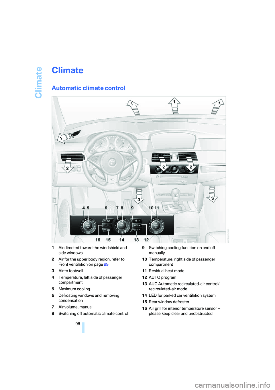 BMW M5 2007 Owners Manual Climate
96
Climate
Automatic climate control
1Air directed toward the windshield and
side windows
2Air for the upper body region, refer to
Front ventilation on page99
3Air to footwell
4Temperature, BMW M5 2007 Owners Manual Climate
96
Climate
Automatic climate control
1Air directed toward the windshield and
side windows
2Air for the upper body region, refer to
Front ventilation on page99
3Air to footwell
4Temperature,