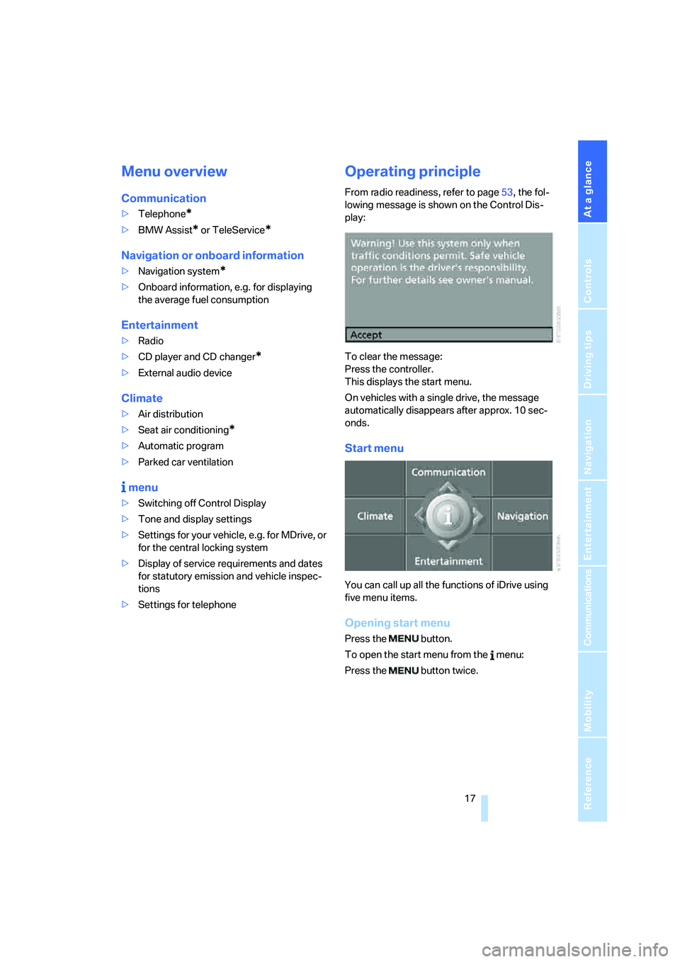BMW M5 2006 User Guide At a glance
 17Reference
Controls
Driving tips
Communications
Navigation
Entertainment
Mobility
Menu overview
Communication
>Telephone*
>BMW Assist* or TeleService*
Navigation or onboard information
>