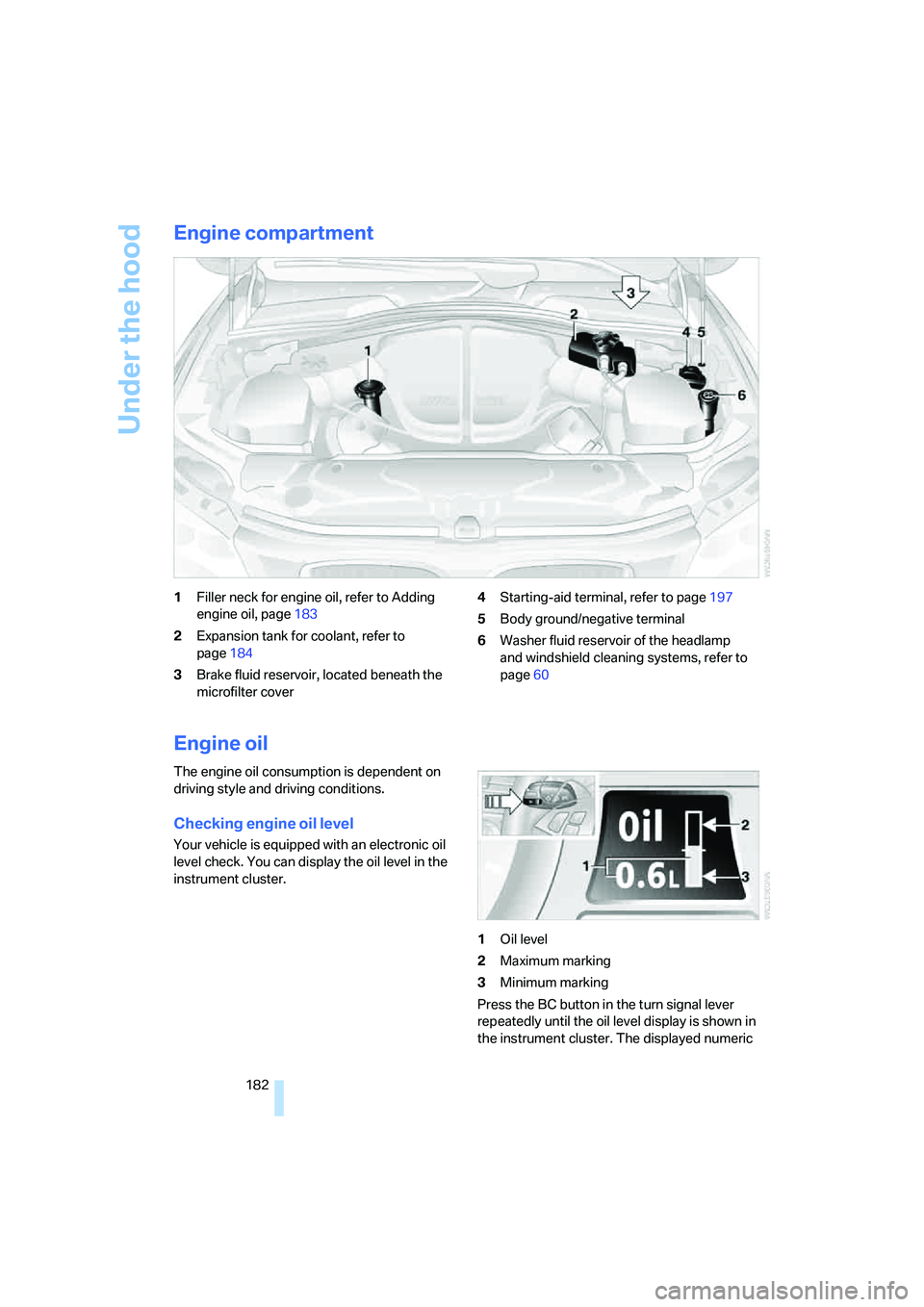 BMW M5 2006  Owners Manual Under the hood
182
Engine compartment
1Filler neck for engine oil, refer to Adding 
engine oil, page183
2Expansion tank for coolant, refer to 
page184
3Brake fluid reservoir, located beneath the 
micr