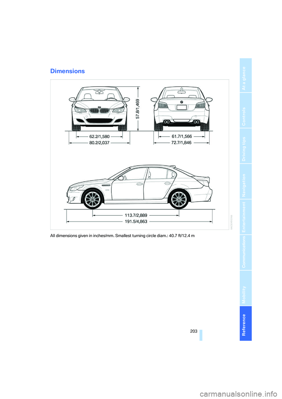 BMW M5 2006 Owners Manual Reference 203
At a glance
Controls
Driving tips
Communications
Navigation
Entertainment
Mobility
Dimensions
All dimensions given in inches/mm. Smallest turning circle diam.: 40.7 ft/12.4 m BMW M5 2006 Owners Manual Reference 203
At a glance
Controls
Driving tips
Communications
Navigation
Entertainment
Mobility
Dimensions
All dimensions given in inches/mm. Smallest turning circle diam.: 40.7 ft/12.4 m