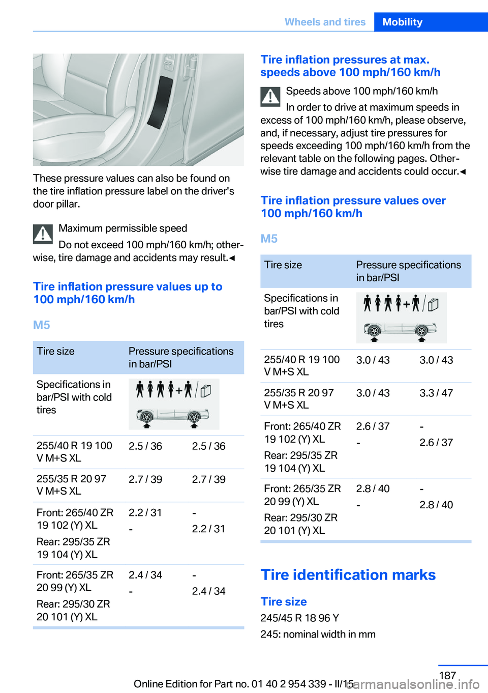 BMW M5 SEDAN 2016 Owners Manual These pressure values can also be found on
the tire inflation pressure label on the driver's
door pillar.
Maximum permissible speed
Do not exceed 100 mph/160 km/h; other‐
wise, tire damage and a BMW M5 SEDAN 2016 Owners Manual These pressure values can also be found on
the tire inflation pressure label on the driver's
door pillar.
Maximum permissible speed
Do not exceed 100 mph/160 km/h; other‐
wise, tire damage and a