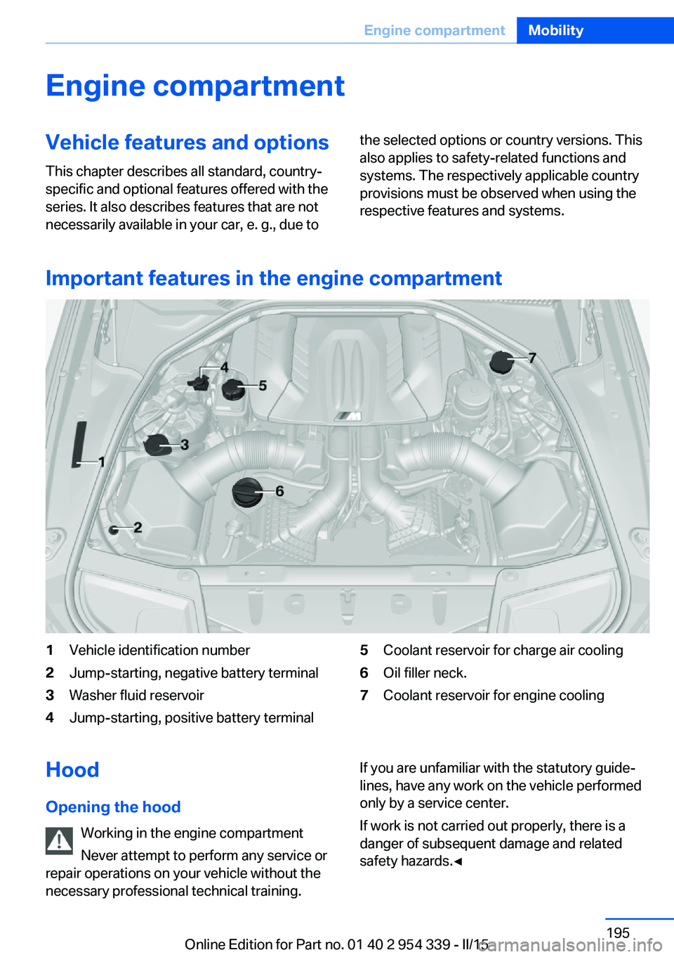 BMW M5 SEDAN 2015 Owners Manual Engine compartmentVehicle features and optionsThis chapter describes all standard, country-
specific and optional features offered with the
series. It also describes features that are not
necessarily BMW M5 SEDAN 2015 Owners Manual Engine compartmentVehicle features and optionsThis chapter describes all standard, country-
specific and optional features offered with the
series. It also describes features that are not
necessarily