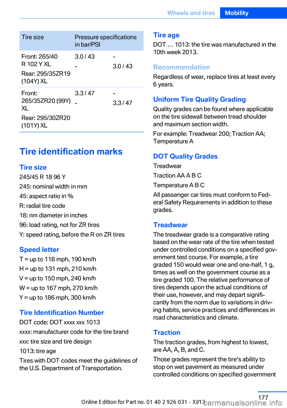 BMW M5 SEDAN 2013  Owners Manual Tire sizePressure specifications
in bar/PSIFront: 265/40
R 102 Y XL
Rear: 295/35ZR19
(104Y) XL3.0 / 43
--
3.0 / 43Front:
265/35ZR20 (99Y)
XL
Rear: 295/30ZR20
(101Y) XL3.3 / 47
--
3.3 / 47
Tire identif