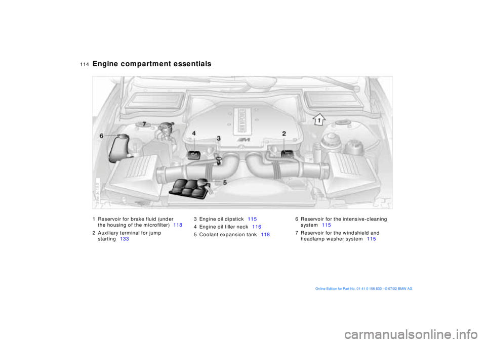 BMW M5 SEDAN 2003  Owners Manual 114n
Engine compartment essentials 1 Reservoir for brake fluid (under 
the housing of the microfilter)118
2 Auxiliary terminal for jump 
starting1333 Engine oil dipstick115
4 Engine oil filler neck116
