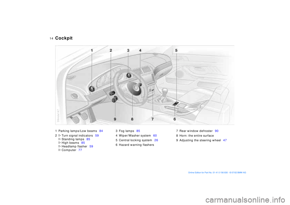 BMW M5 SEDAN 2003 User Guide  
14n
1 Parking lamps/Low beams84
2
 
>
 
Turn signal indicators59
 
>
 
Standing lamps85
 
>
 
High beams85
 
>
 
Headlamp flasher59
 
>
 
Computer773 Fog lamps85
4 Wiper/Washer system60
5 Central lo