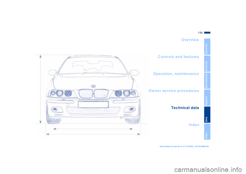 BMW M5 SEDAN 2003  Owners Manual 139n
OverviewControlsMaintenanceRepairsDataIndex
Overview
Controls and features
Operation, maintenance
Owner service procedures
Index Technical data
 
Index 