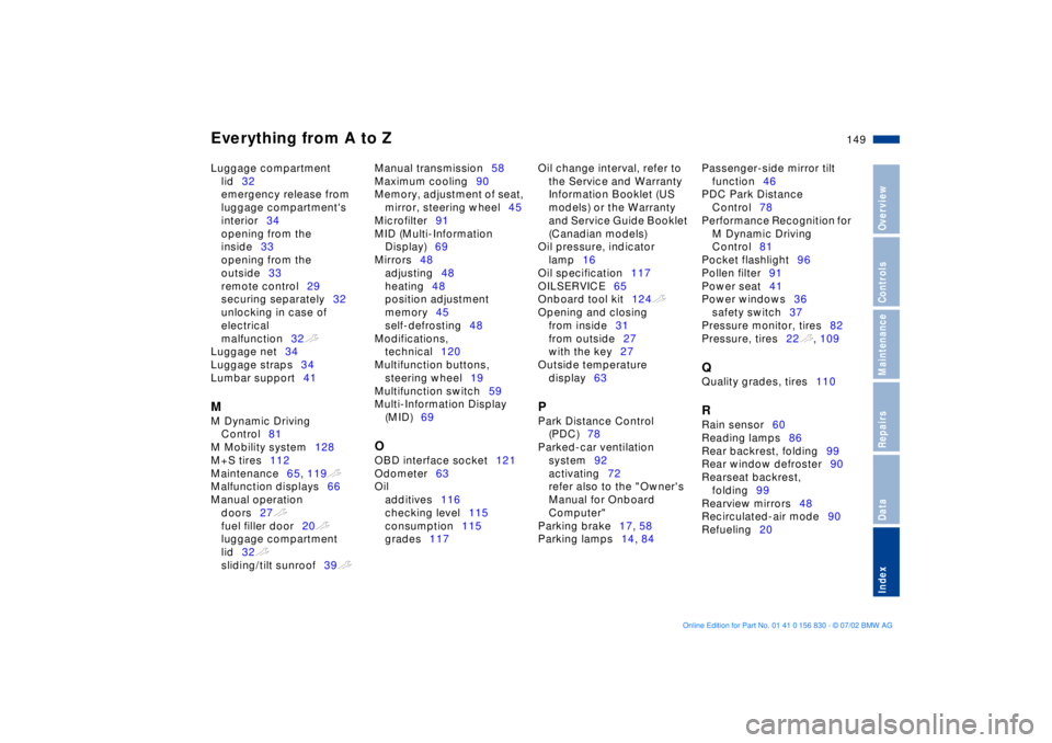 BMW M5 SEDAN 2003  Owners Manual Everything from A to Z
149n
OverviewControlsMaintenanceRepairsDataIndex
Luggage compartment 
lid32 
emergency release from 
luggage compartments 
interior34 
opening from the 
inside33 
opening from 