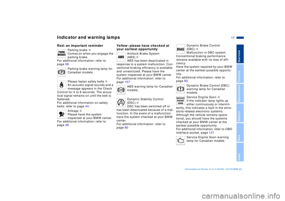 BMW M5 SEDAN 2003  Owners Manual  
17n
 
OverviewControlsMaintenanceRepairsDataIndex
 
Indicator and warning lamps
 
Red: an important reminder
 
Parking brake 
 
l
 
 
 
Comes on when you engage the 
parking brake. 
For additional i