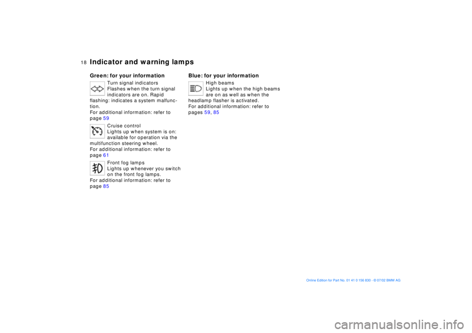 BMW M5 SEDAN 2003  Owners Manual  
18n
 
Indicator and warning lamps
 
Green: for your information
 
Turn signal indicators
Flashes when the turn signal 
indicators are on. Rapid 
flashing: indicates a system malfunc-
tion. 
For addi