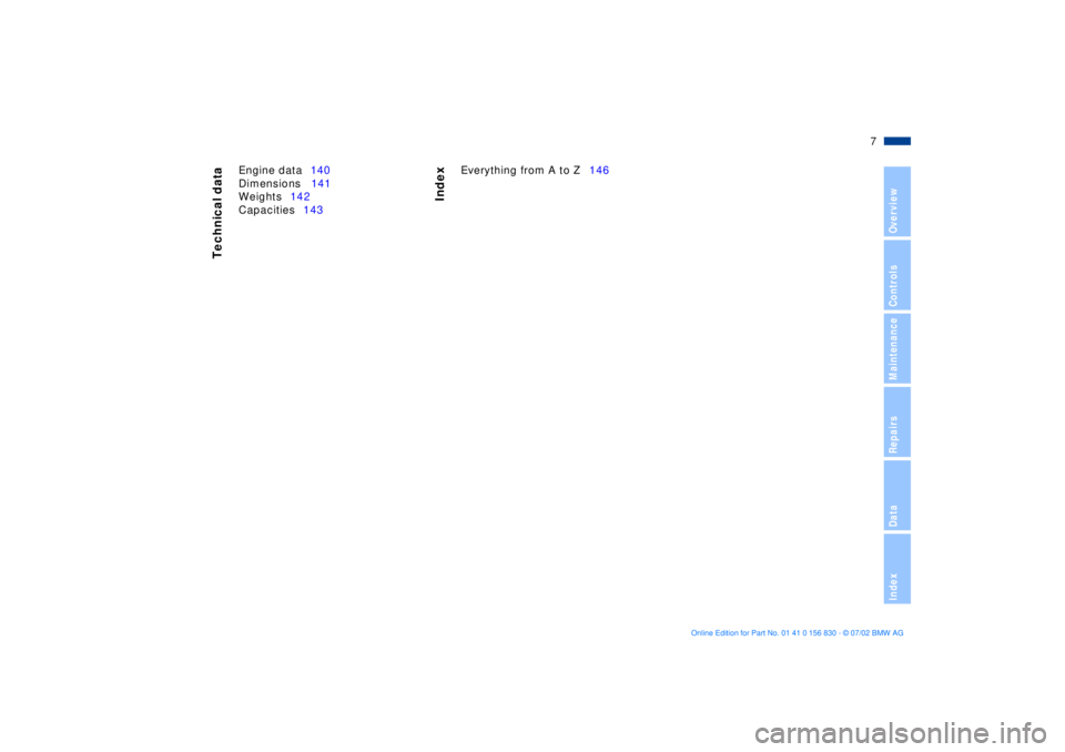 BMW M5 SEDAN 2003  Owners Manual  
7n
 
OverviewControlsMaintenanceRepairsDataIndex
 
Technical data
Index 
Engine data140
Dimensions141
Weights142
Capacities143Everything from A to Z146 