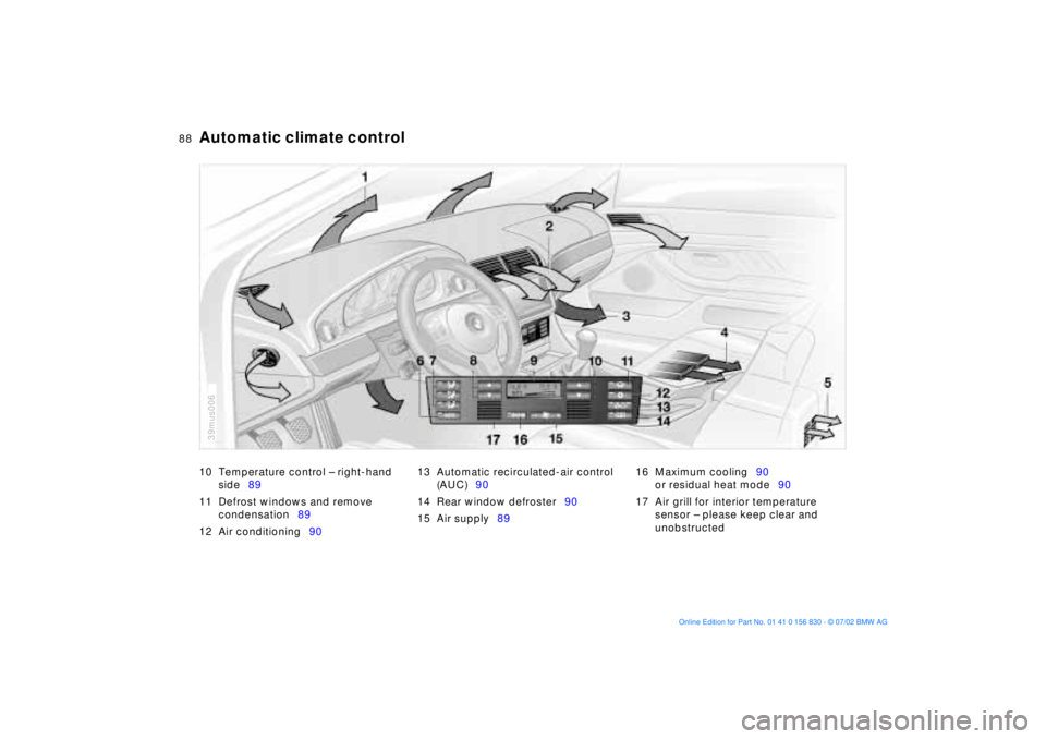BMW M5 SEDAN 2003 Manual Online 88n
Automatic climate control 10 Temperature control Ð right-hand 
side89
11 Defrost windows and remove 
condensation89
12 Air conditioning9013 Automatic recirculated-air control 
(AUC)90
14 Rear win