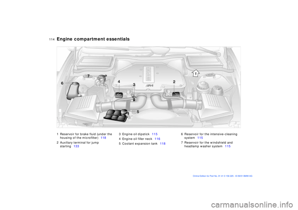 BMW M5 SEDAN 2002 Owners Manual 114n
Engine compartment essentials 1 Reservoir for brake fluid (under the
housing of the microfilter)118
2 Auxiliary terminal for jump
starting1333 Engine oil dipstick115
4 Engine oil filler neck116 BMW M5 SEDAN 2002 Owners Manual 114n
Engine compartment essentials 1 Reservoir for brake fluid (under the
housing of the microfilter)118
2 Auxiliary terminal for jump
starting1333 Engine oil dipstick115
4 Engine oil filler neck116