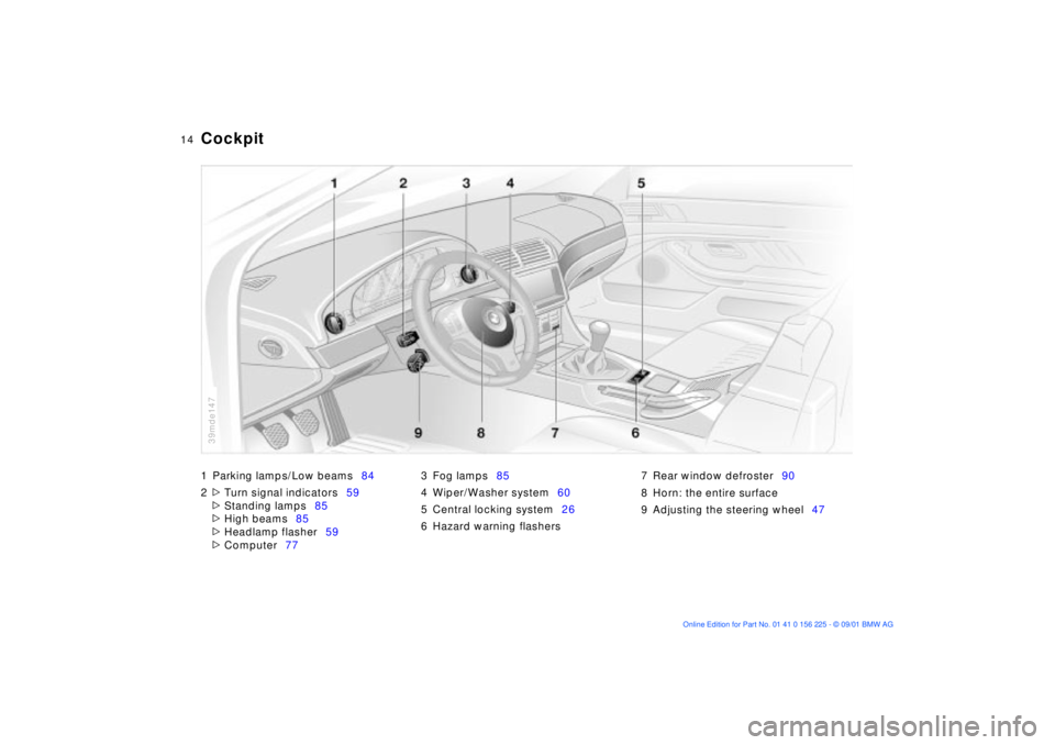 BMW M5 SEDAN 2002 User Guide  
14n
1 Parking lamps/Low beams84
2
 
>
 
Turn signal indicators59
 
>
 
Standing lamps85
 
>
 
High beams85
 
>
 
Headlamp flasher59
 
>
 
Computer773 Fog lamps85
4 Wiper/Washer system60
5 Central lo