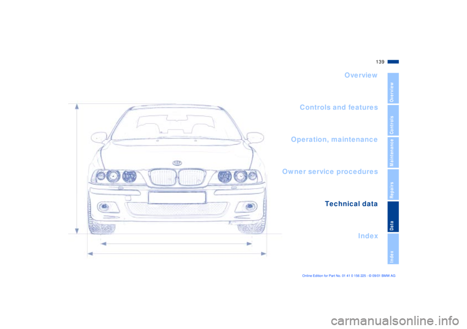 BMW M5 SEDAN 2002 Owners Manual 139n
OverviewControlsMaintenanceRepairsDataIndex
Overview
Controls and features
Operation, maintenance
Owner service procedures
Index Technical data
Index BMW M5 SEDAN 2002 Owners Manual 139n
OverviewControlsMaintenanceRepairsDataIndex
Overview
Controls and features
Operation, maintenance
Owner service procedures
Index Technical data
Index