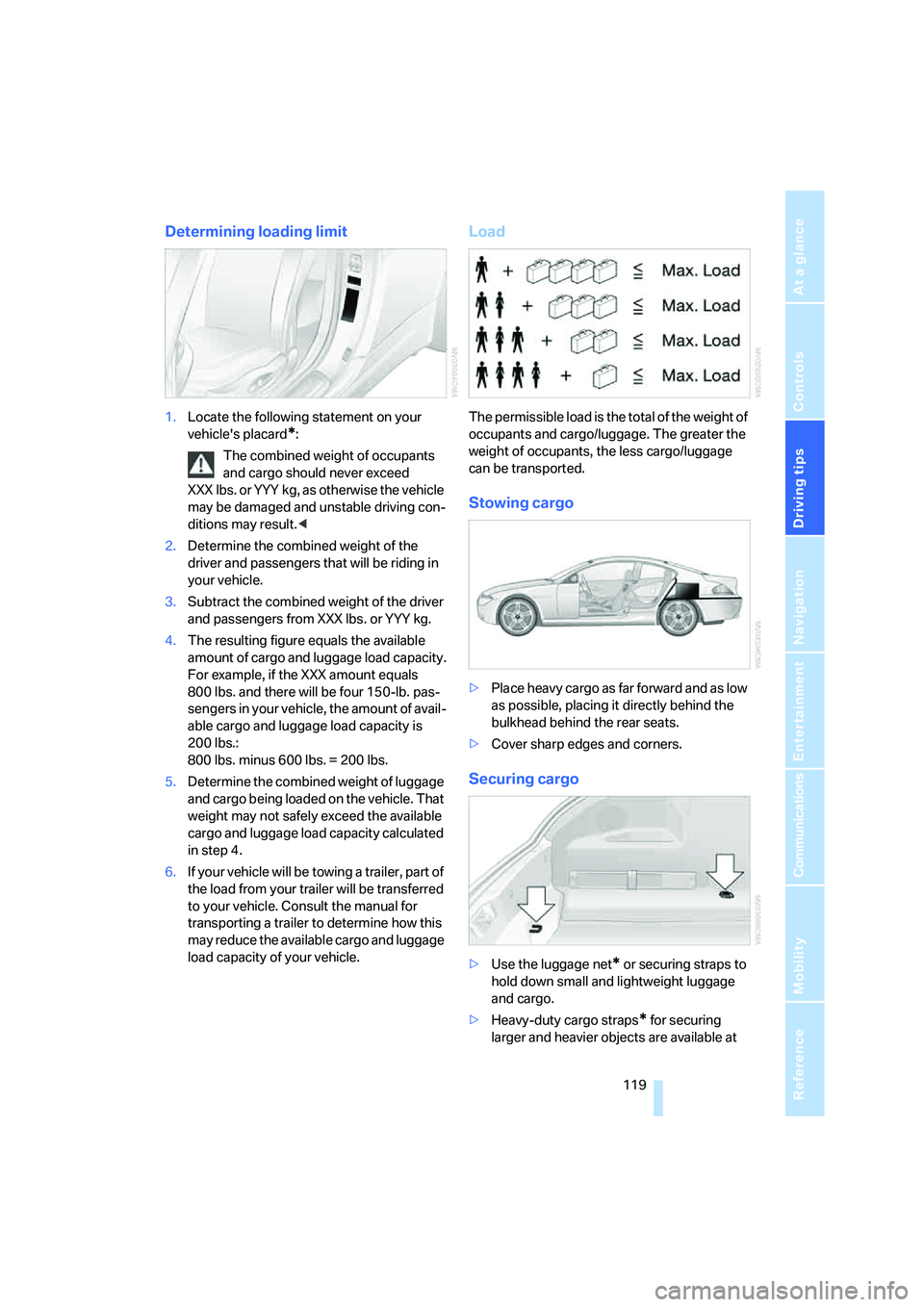 BMW M6 CONVERTIBLE 2008  Owners Manual Driving tips
 119Reference
At a glance
Controls
Communications
Navigation
Entertainment
Mobility
Determining loading limit
1.Locate the following statement on your 
vehicles placard
*:
The combined w