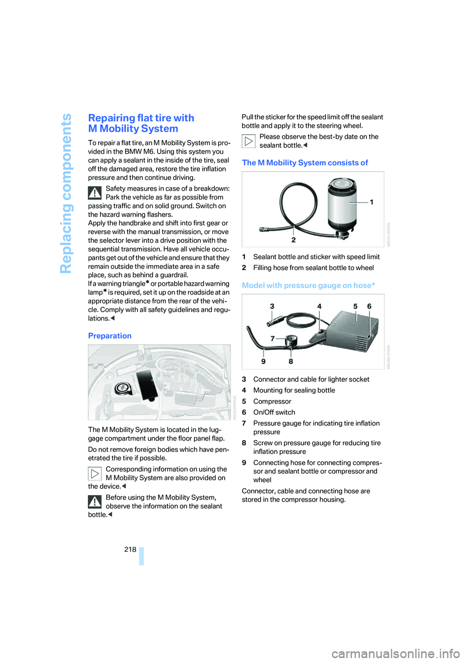 BMW M6 CONVERTIBLE 2008 Owners Manual Replacing components
218
Repairing flat tire with
M Mobility System
To repair a flat tire, an M Mobility System is pro-
vided in the BMW M6. Using this system you
can apply a sealant in the inside o BMW M6 CONVERTIBLE 2008 Owners Manual Replacing components
218
Repairing flat tire with
M Mobility System
To repair a flat tire, an M Mobility System is pro-
vided in the BMW M6. Using this system you
can apply a sealant in the inside o