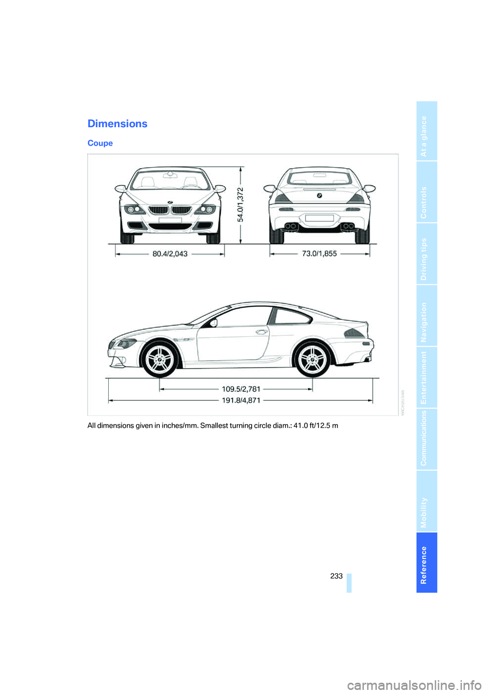 BMW M6 CONVERTIBLE 2008  Owners Manual Reference 233
At a glance
Controls
Driving tips
Communications
Navigation
Entertainment
Mobility
Dimensions
Coupe
All dimensions given in inches/mm. Smallest turning circle diam.: 41.0 ft/12.5 m 
