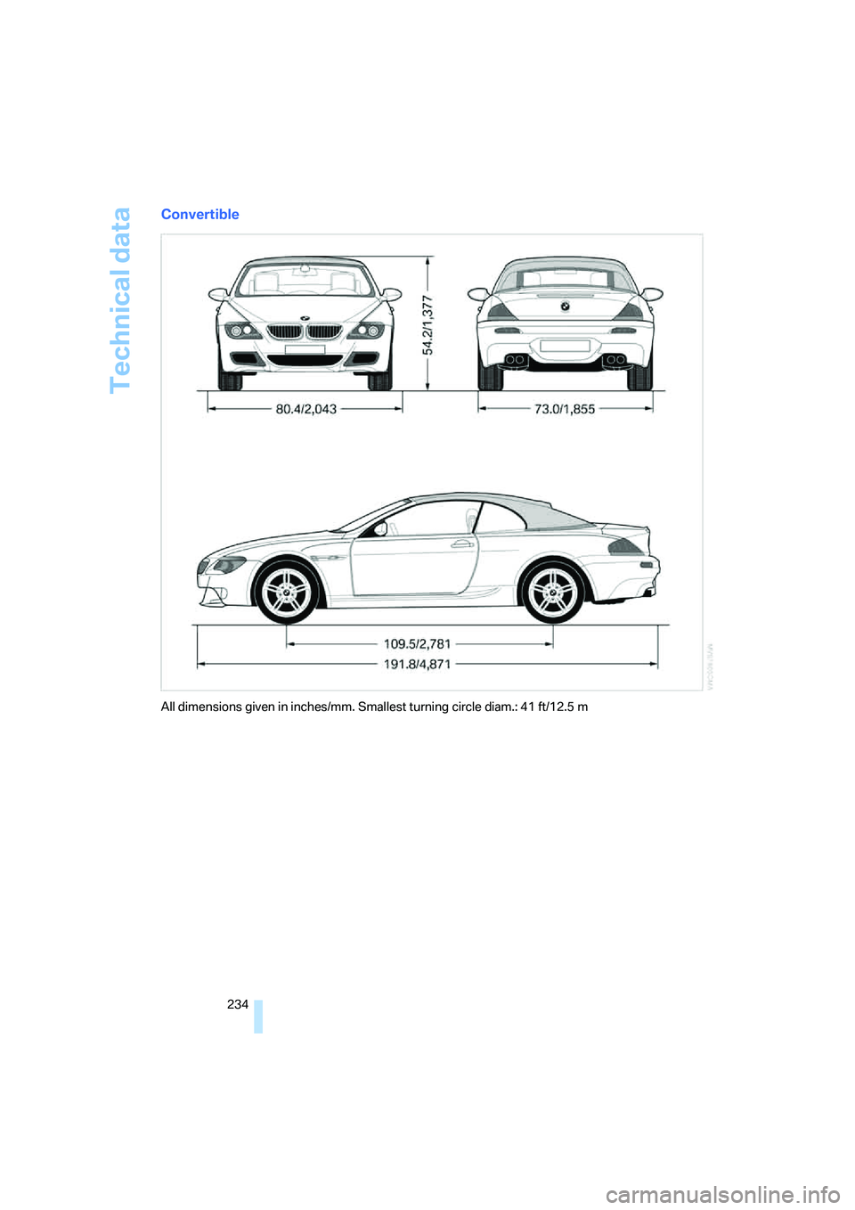 BMW M6 CONVERTIBLE 2008  Owners Manual Technical data
234
Convertible
All dimensions given in inches/mm. Smallest turning circle diam.: 41 ft/12.5 m 