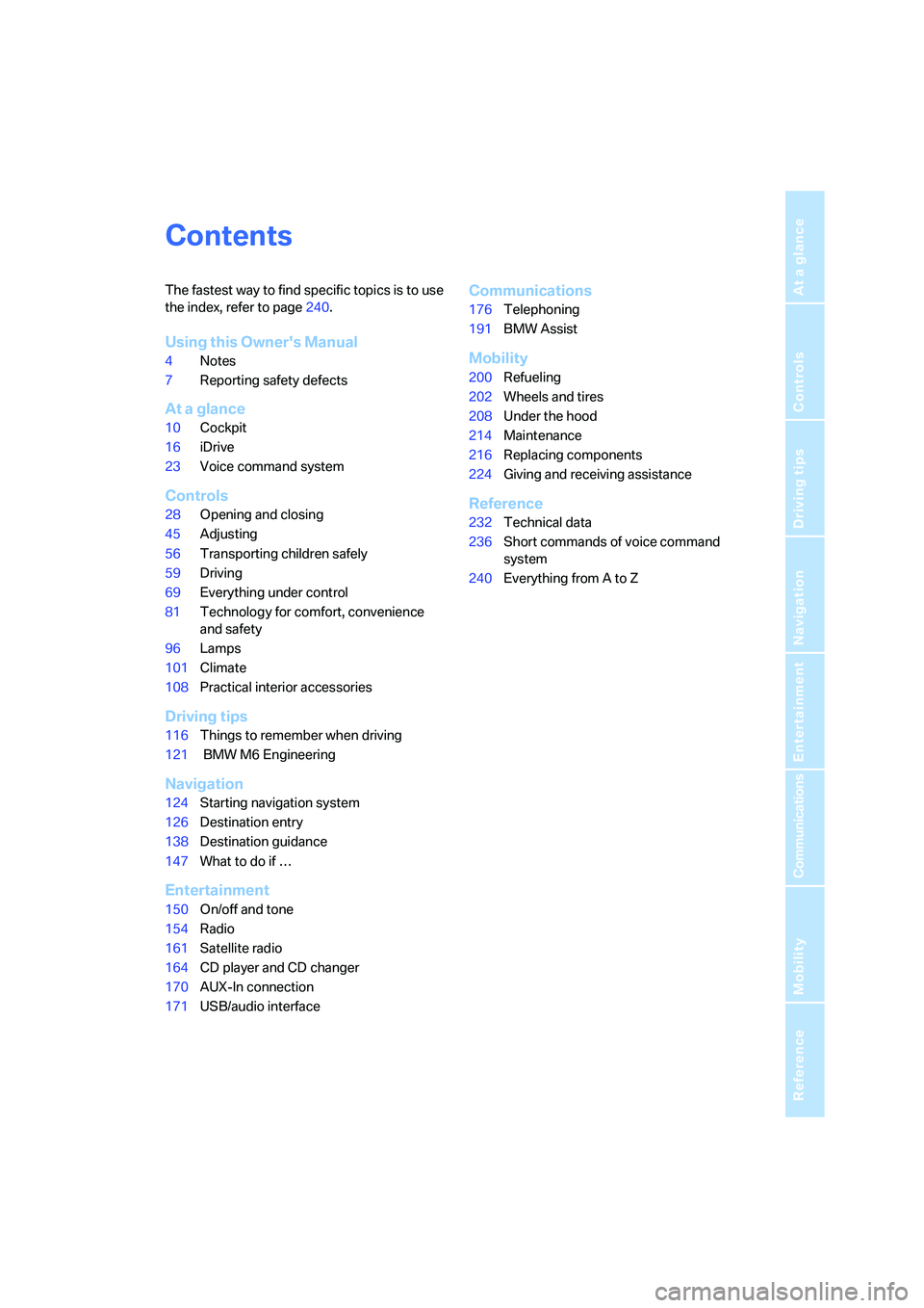 BMW M6 CONVERTIBLE 2008  Owners Manual Reference
At a glance
Controls
Driving tips
Communications
Navigation
Entertainment
Mobility
Contents
The fastest way to find specific topics is to use 
the index, refer to page240.
Using this Owners