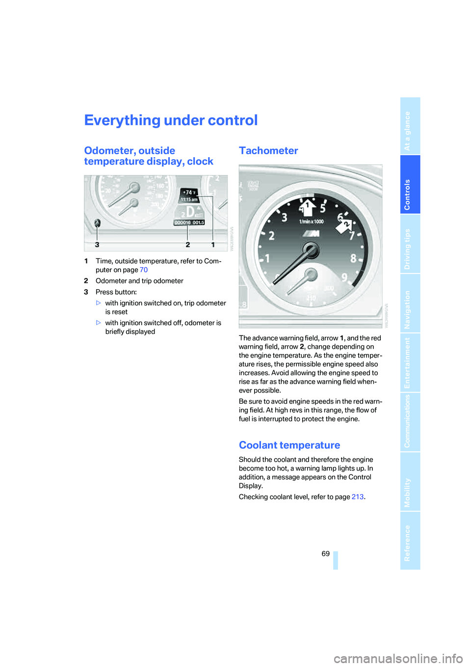 BMW M6 CONVERTIBLE 2008 Manual PDF Controls
 69Reference
At a glance
Driving tips
Communications
Navigation
Entertainment
Mobility
Everything under control
Odometer, outside 
temperature display, clock
1Time, outside temperature, refer