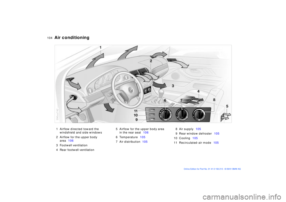 BMW M6 CONVERTIBLE 2002 Owners Manual 104n
1 Airflow directed toward the
windshield and side windows
2 Airflow for the upper body
area106
3 Footwell ventilation
4 Rear footwell ventilation 5 Airflow for the upper body area
in the rear BMW M6 CONVERTIBLE 2002 Owners Manual 104n
1 Airflow directed toward the
windshield and side windows
2 Airflow for the upper body
area106
3 Footwell ventilation
4 Rear footwell ventilation 5 Airflow for the upper body area
in the rear