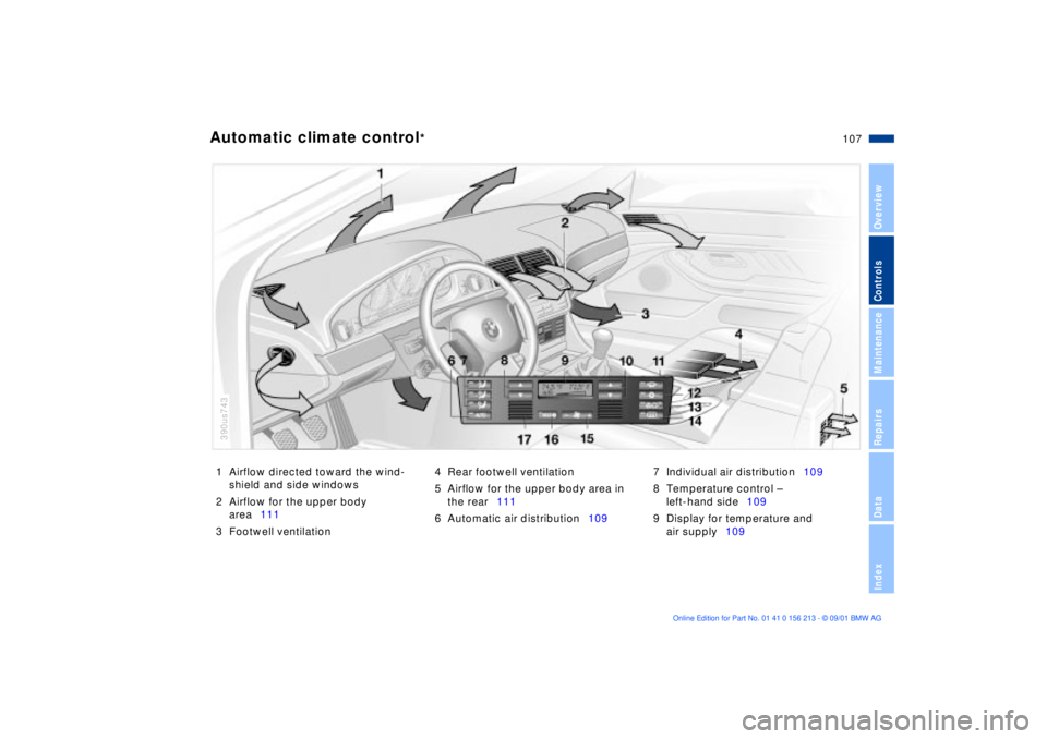 BMW M6 CONVERTIBLE 2002 Owners Manual 107n
OverviewControlsMaintenanceRepairsDataIndex
1 Airflow directed toward the wind-
shield and side windows
2 Airflow for the upper body
area111
3 Footwell ventilation4 Rear footwell ventilation
5 A BMW M6 CONVERTIBLE 2002 Owners Manual 107n
OverviewControlsMaintenanceRepairsDataIndex
1 Airflow directed toward the wind-
shield and side windows
2 Airflow for the upper body
area111
3 Footwell ventilation4 Rear footwell ventilation
5 A