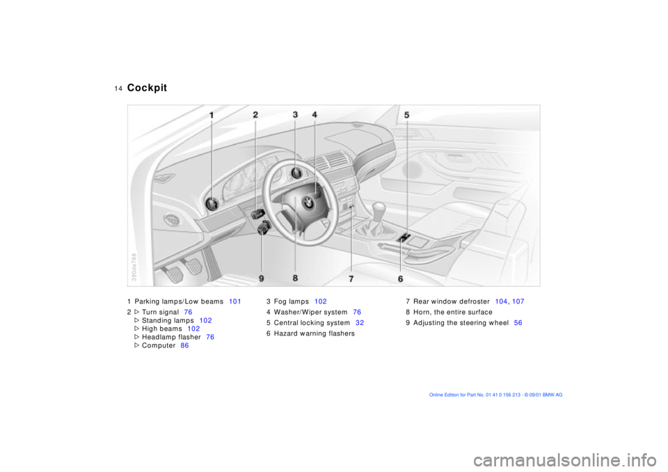 BMW M6 CONVERTIBLE 2002 Owners Manual
14n
1 Parking lamps/Low beams101
2
>
Turn signal76
>
Standing lamps102
>
High beams102
>
Headlamp flasher76
>
Computer863 Fog lamps102
4 Washer/Wiper system76
5 Central locking s BMW M6 CONVERTIBLE 2002 Owners Manual
14n
1 Parking lamps/Low beams101
2
>
Turn signal76
>
Standing lamps102
>
High beams102
>
Headlamp flasher76
>
Computer863 Fog lamps102
4 Washer/Wiper system76
5 Central locking s