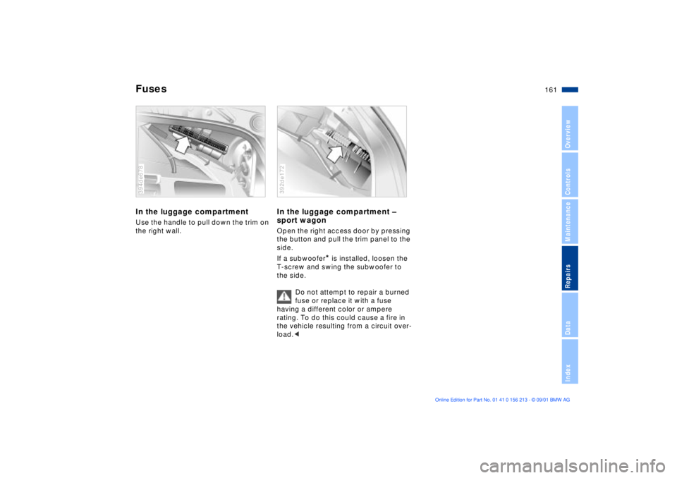 BMW M6 CONVERTIBLE 2002  Owners Manual 161n
OverviewControlsMaintenanceRepairsDataIndex
FusesIn the luggage compartmentUse the handle to pull down the trim on 
the right wall.394de678
In the luggage compartment Ð 
sport wagonOpen the righ