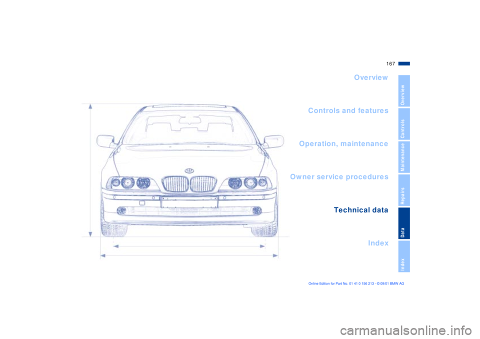 BMW M6 CONVERTIBLE 2002  Owners Manual 167n
OverviewControlsMaintenanceRepairsDataIndex
Overview
Controls and features
Operation, maintenance
Owner service procedures
Index Technical data
Index 