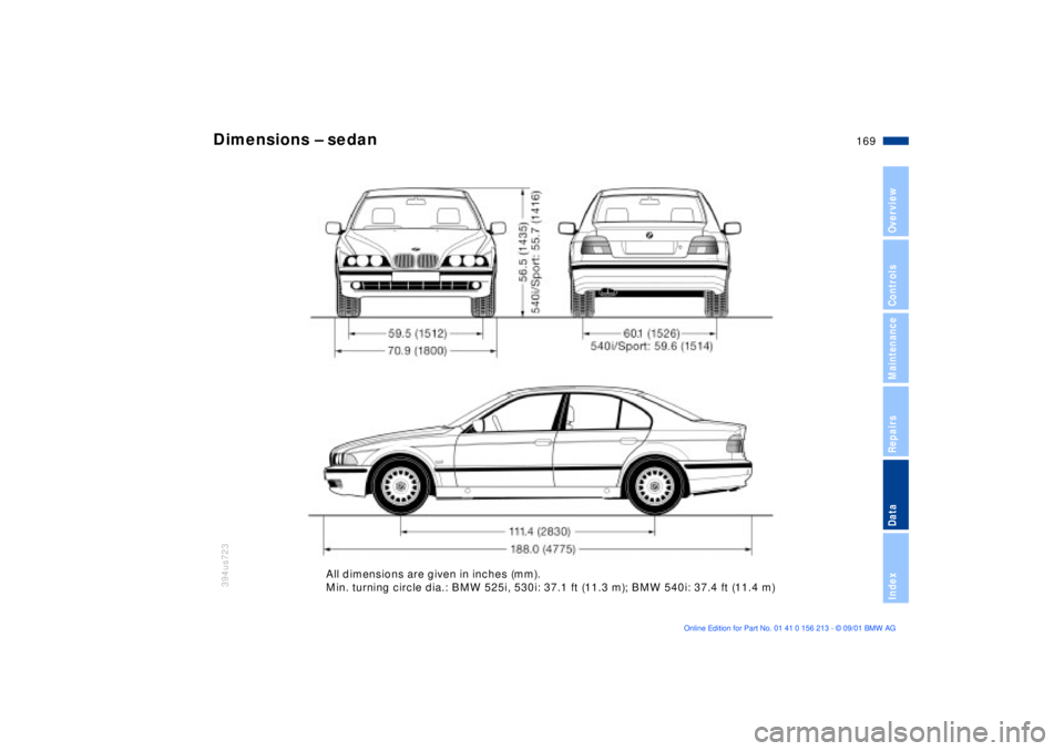 BMW M6 CONVERTIBLE 2002  Owners Manual 169n
OverviewControlsMaintenanceRepairsDataIndex
394us723
Dimensions Ð sedan
All dimensions are given in inches (mm).
Min. turning circle dia.: BMW 525i, 530i: 37.1 ft (11.3 m); BMW 540i: 37.4 ft (11