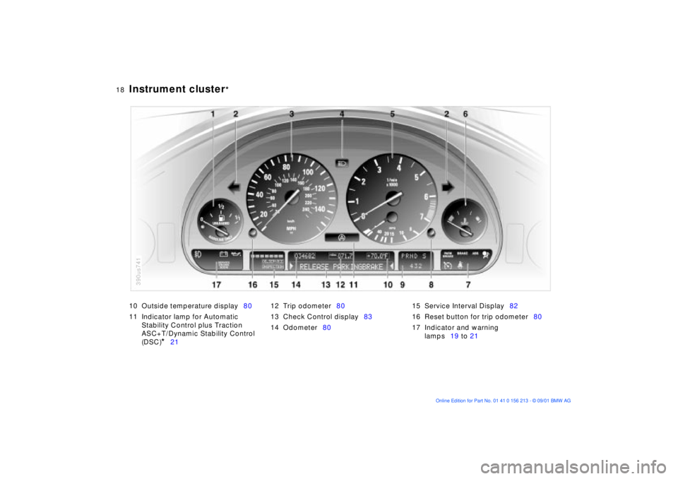 BMW M6 CONVERTIBLE 2002 User Guide
18n
Instrument cluster
*
10 Outside temperature display80
11 Indicator lamp for Automatic
Stability Control plus Traction
ASC+T/Dynamic Stability Control
(DSC)
*
2112 Trip odometer80
13 C BMW M6 CONVERTIBLE 2002 User Guide
18n
Instrument cluster
*
10 Outside temperature display80
11 Indicator lamp for Automatic
Stability Control plus Traction
ASC+T/Dynamic Stability Control
(DSC)
*
2112 Trip odometer80
13 C