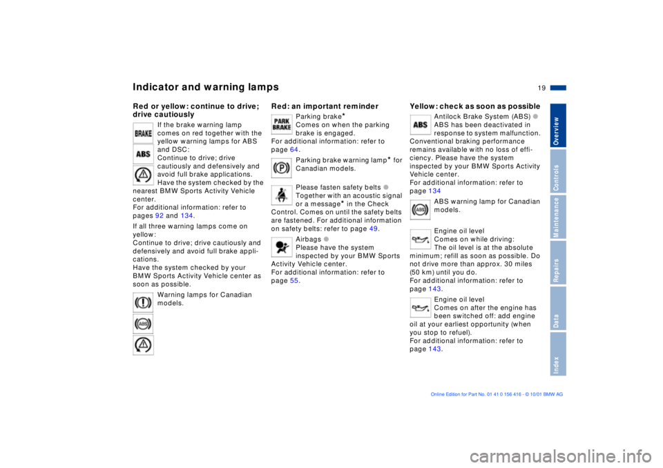 BMW X5 3.0I 2002  Owners Manual  
19n
 
OverviewControlsMaintenanceRepairsDataIndex
 
Indicator and warning lamps 
 
Red or yellow: continue to drive; 
drive cautiously 
 
If the brake warning lamp 
comes on red together with the 
y