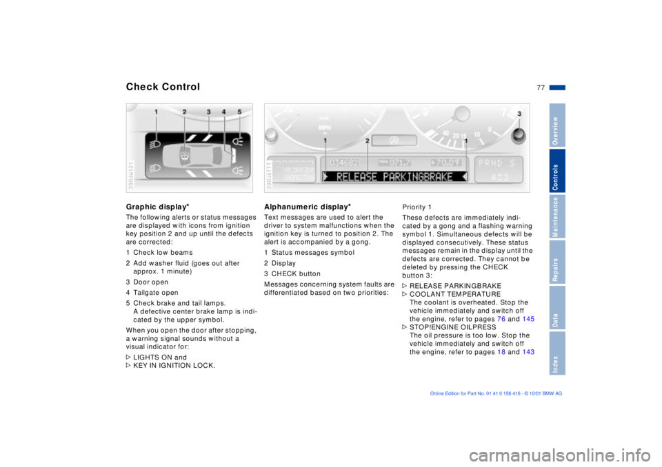 BMW X5 3.0I 2002 Manual PDF 77n
OverviewControlsMaintenanceRepairsDataIndex
Check Control Graphic display
* 
The following alerts or status messages 
are displayed with icons from ignition 
key position 2 and up until the defect