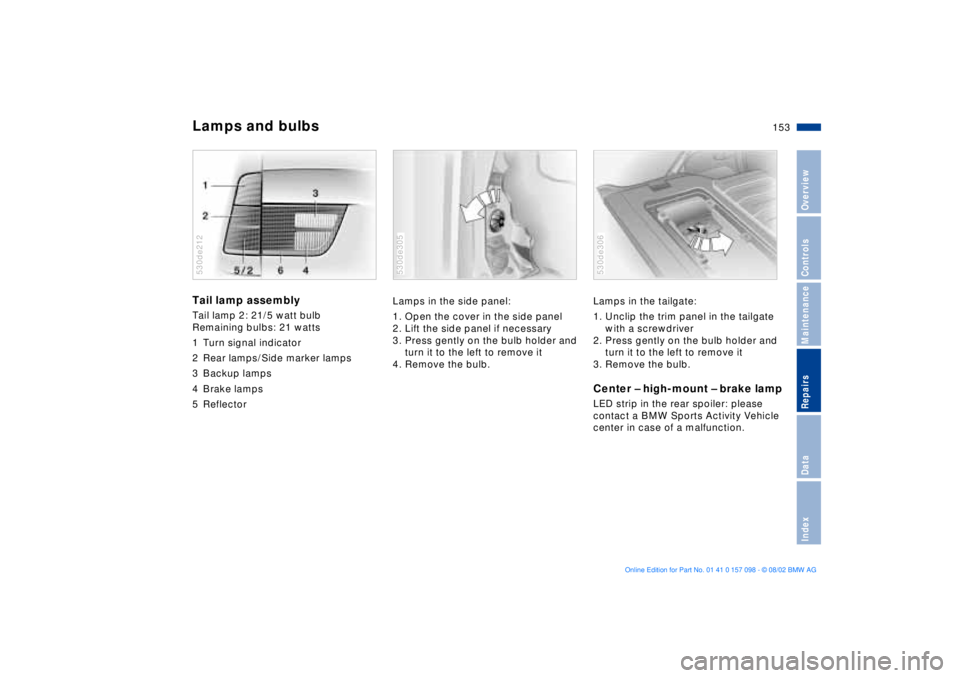 BMW X5 4.4I 2003  Owners Manual 153n
OverviewControlsMaintenanceRepairsDataIndex
Lamps and bulbs Tail lamp assembly Tail lamp 2: 21/5 watt bulb
Remaining bulbs: 21 watts 
1 Turn signal indicator 
2 Rear lamps/Side marker lamps
3 Bac