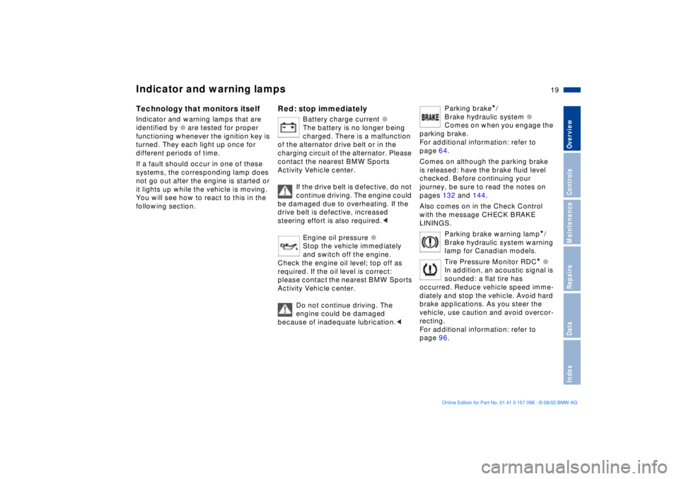 BMW X5 4.4I 2003 User Guide  
19n
 
OverviewControlsMaintenanceRepairsDataIndex
 
Indicator and warning lamps 
 
Technology that monitors itself 
 
Indicator and warning lamps that are 
identified by 
 
l
 
 are tested for prope