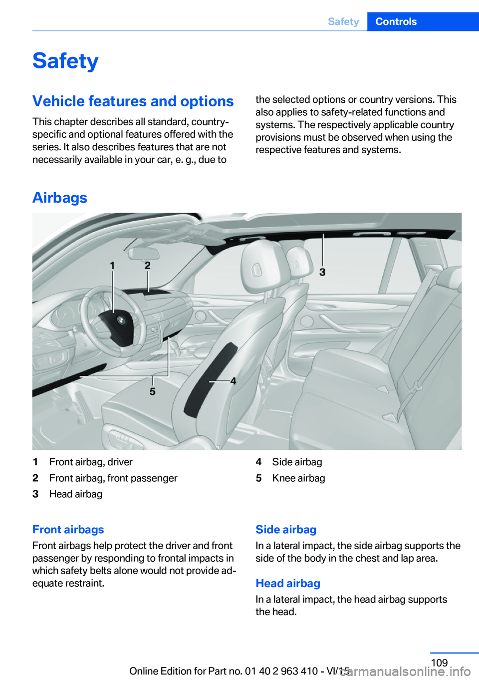 BMW X5 XDRIVE35I 2015  Owners Manual SafetyVehicle features and options
This chapter describes all standard, country-
specific and optional features offered with the
series. It also describes features that are not
necessarily available i