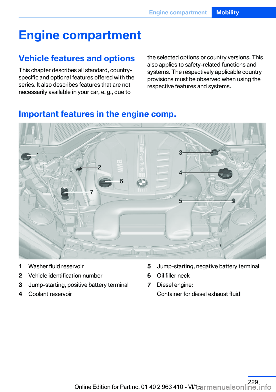 BMW X5 XDRIVE35I 2015 Owners Manual Engine compartmentVehicle features and optionsThis chapter describes all standard, country-
specific and optional features offered with the
series. It also describes features that are not
necessarily BMW X5 XDRIVE35I 2015 Owners Manual Engine compartmentVehicle features and optionsThis chapter describes all standard, country-
specific and optional features offered with the
series. It also describes features that are not
necessarily