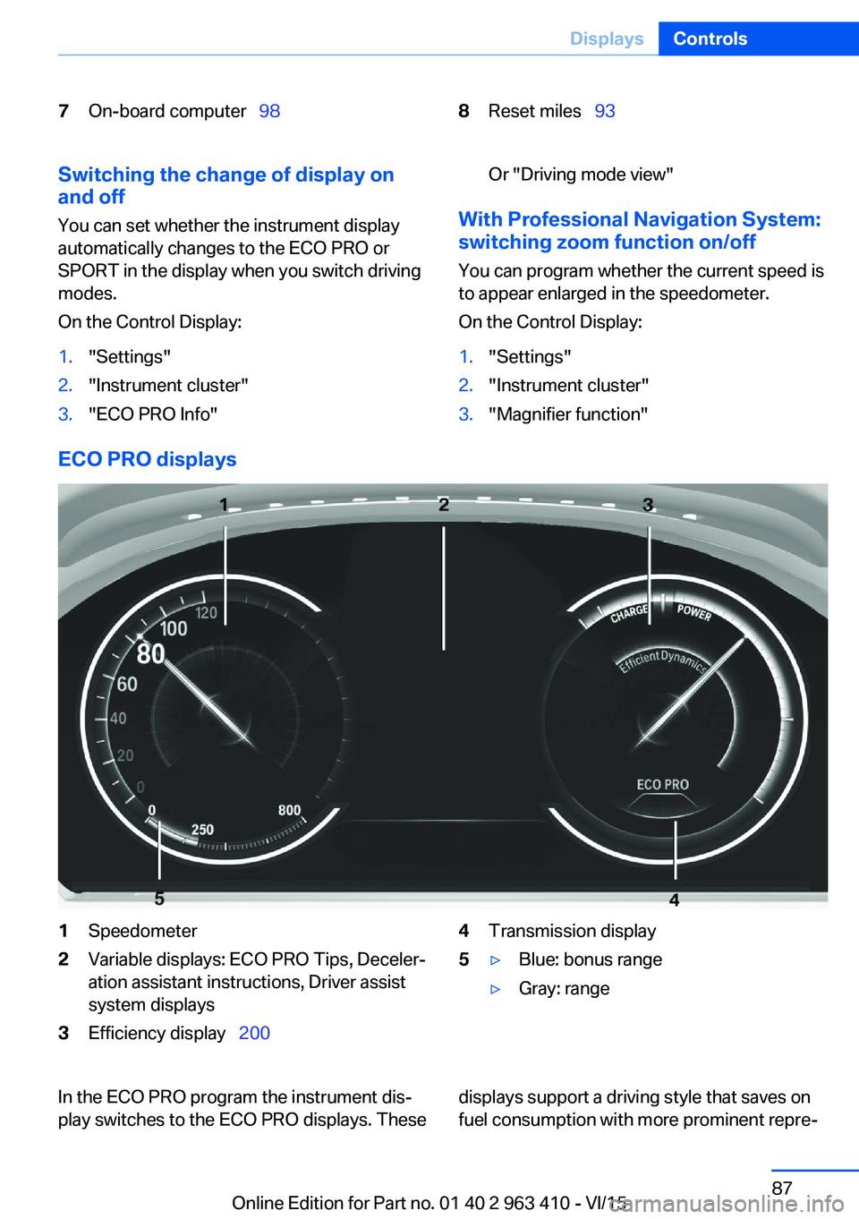 BMW X5 XDRIVE35I 2015  Owners Manual 7On-board computer  988Reset miles  93Switching the change of display on
and off
You can set whether the instrument display
automatically changes to the ECO PRO or
SPORT in the display when yo