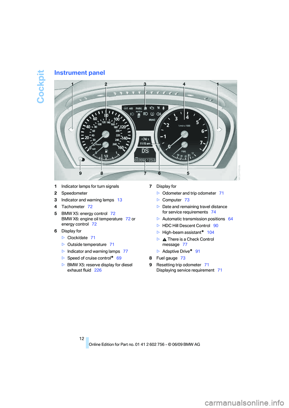 BMW X6 2010  Owners Manual Cockpit
12
Instrument panel
1Indicator lamps for turn signals
2Speedometer
3Indicator and warning lamps13
4Tachometer72
5BMW X5: energy control72
BMW X6: engine oil temperature72 or
energy control72
6