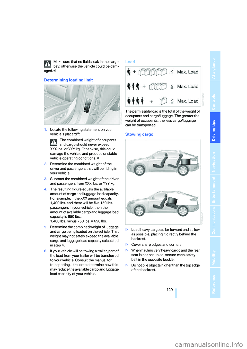 BMW X6 XDRIVE35I 2008 Owners Guide Driving tips
 129Reference
At a glance
Controls
Communications
Navigation
Entertainment
Mobility
Make sure that no fluids leak in the cargo 
bay; otherwise the vehicle could be dam-
aged.<
Determining