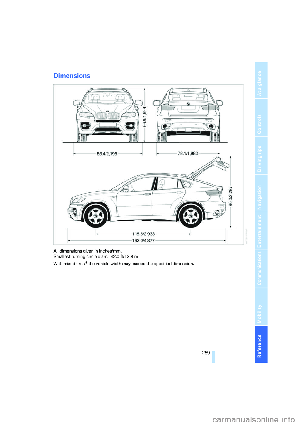 BMW X6 XDRIVE35I 2008 Owners Manual Reference 259
At a glance
Controls
Driving tips
Communications
Navigation
Entertainment
Mobility
Dimensions
All dimensions given in inches/mm.
Smallest turning circle diam.: 42.0 ft/12.8 m
With mixed BMW X6 XDRIVE35I 2008 Owners Manual Reference 259
At a glance
Controls
Driving tips
Communications
Navigation
Entertainment
Mobility
Dimensions
All dimensions given in inches/mm.
Smallest turning circle diam.: 42.0 ft/12.8 m
With mixed