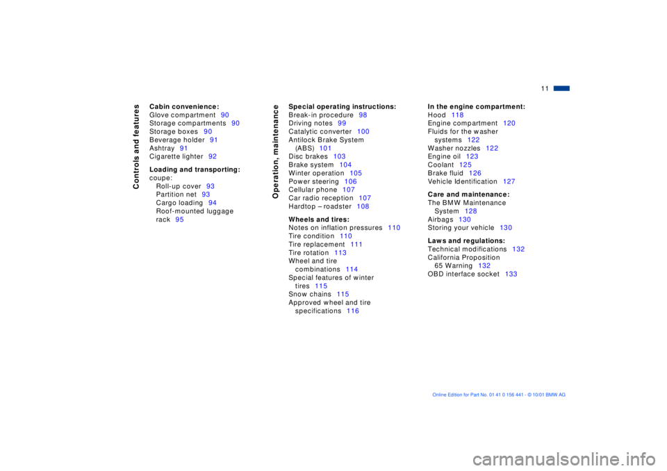 BMW Z3 2002  Owners Manual  
11n
 
Controls and features
Operation, maintenance
 
Cabin convenience:
 
Glove compartment90
Storage compartments90
Storage boxes90
Beverage holder91
Ashtray91
Cigarette lighter92
 
Loading and tra