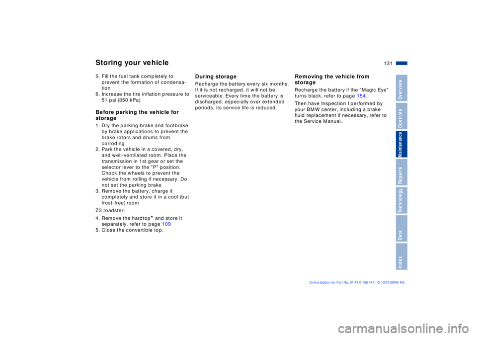 BMW Z3 2002  Owners Manual 131n
IndexDataTechnologyRepairsMaintenanceControlsOverview
Storing your vehicle5. Fill the fuel tank completely to 
prevent the formation of condensa-
tion
6. Increase the tire inflation pressure to 
