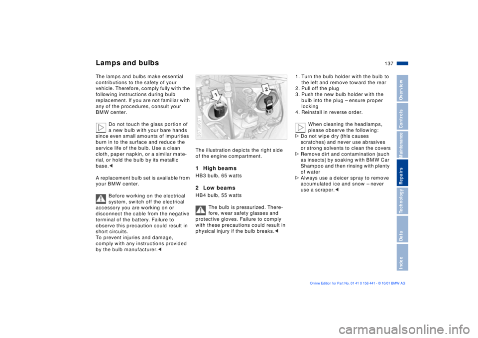 BMW Z3 2002  Owners Manual 137n
IndexDataTechnologyRepairsMaintenanceControlsOverview
Lamps and bulbsThe lamps and bulbs make essential 
contributions to the safety of your 
vehicle. Therefore, comply fully with the 
following 