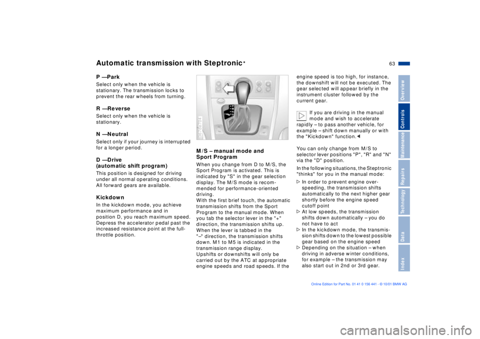 BMW Z3 2002 Repair Manual 63n
IndexDataTechnologyRepairsMaintenanceControlsOverview
Automatic transmission with Steptronic
*
P Ñ Park Select only when the vehicle is 
stationary. The transmission locks to 
prevent the rear wh