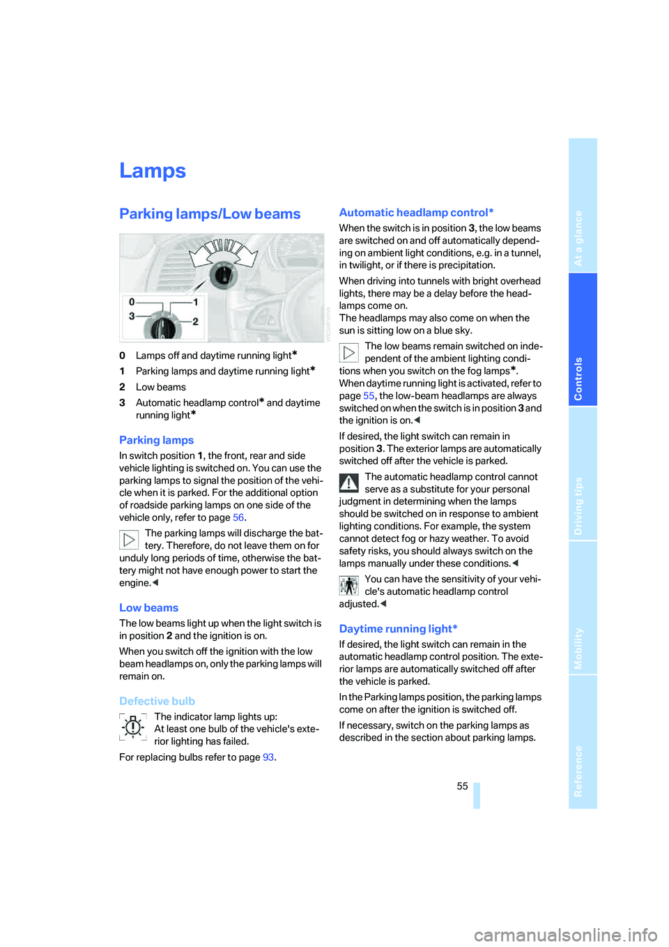 BMW Z4 3.0I ROADSTER 2006  Owners Manual Reference
At a glance
Controls
Driving tips
Mobility
 55
Lamps
Parking lamps/Low beams 
0Lamps off and daytime running light*
1Parking lamps and daytime running light*
2Low beams
3Automatic headlamp c