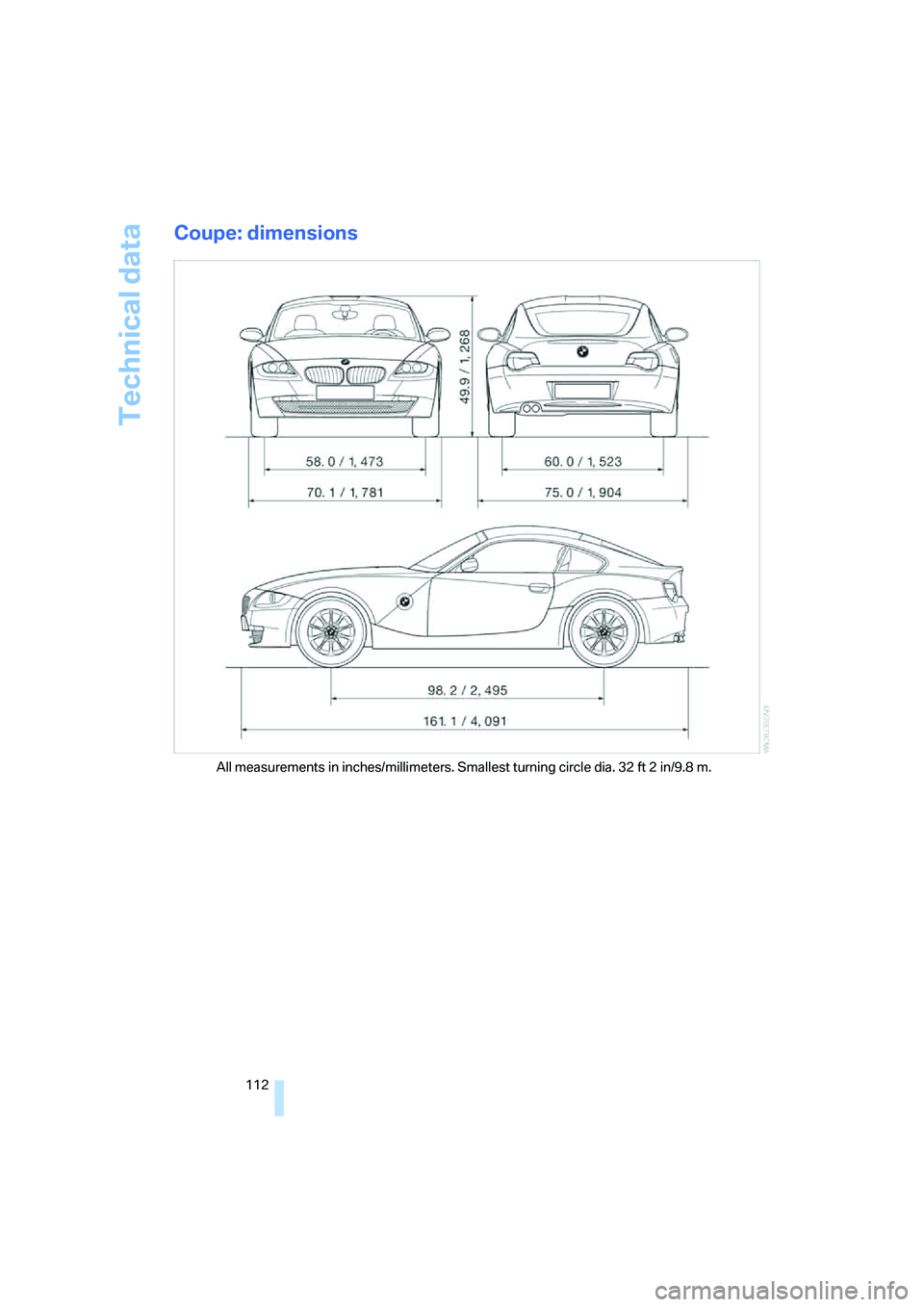 BMW Z4 COUPE 3.0SI 2008 Owners Manual Technical data
112
Coupe: dimensions
All measurements in inches/millimeters. Smallest turning circle dia. 32 ft 2 in/9.8 m. BMW Z4 COUPE 3.0SI 2008 Owners Manual Technical data
112
Coupe: dimensions
All measurements in inches/millimeters. Smallest turning circle dia. 32 ft 2 in/9.8 m.