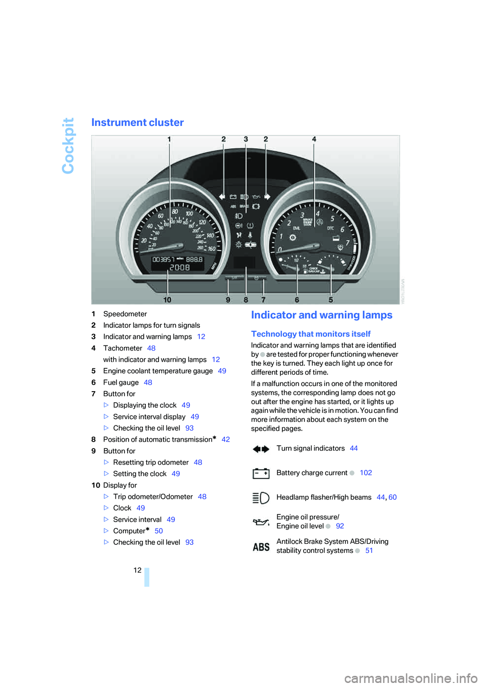 BMW Z4 COUPE 3.0SI 2007 Owners Manual Cockpit
12
Instrument cluster
1Speedometer
2Indicator lamps for turn signals
3Indicator and warning lamps12
4Tachometer48
with indicator and warning lamps12
5Engine coolant temperature gauge49
6Fuel g BMW Z4 COUPE 3.0SI 2007 Owners Manual Cockpit
12
Instrument cluster
1Speedometer
2Indicator lamps for turn signals
3Indicator and warning lamps12
4Tachometer48
with indicator and warning lamps12
5Engine coolant temperature gauge49
6Fuel g