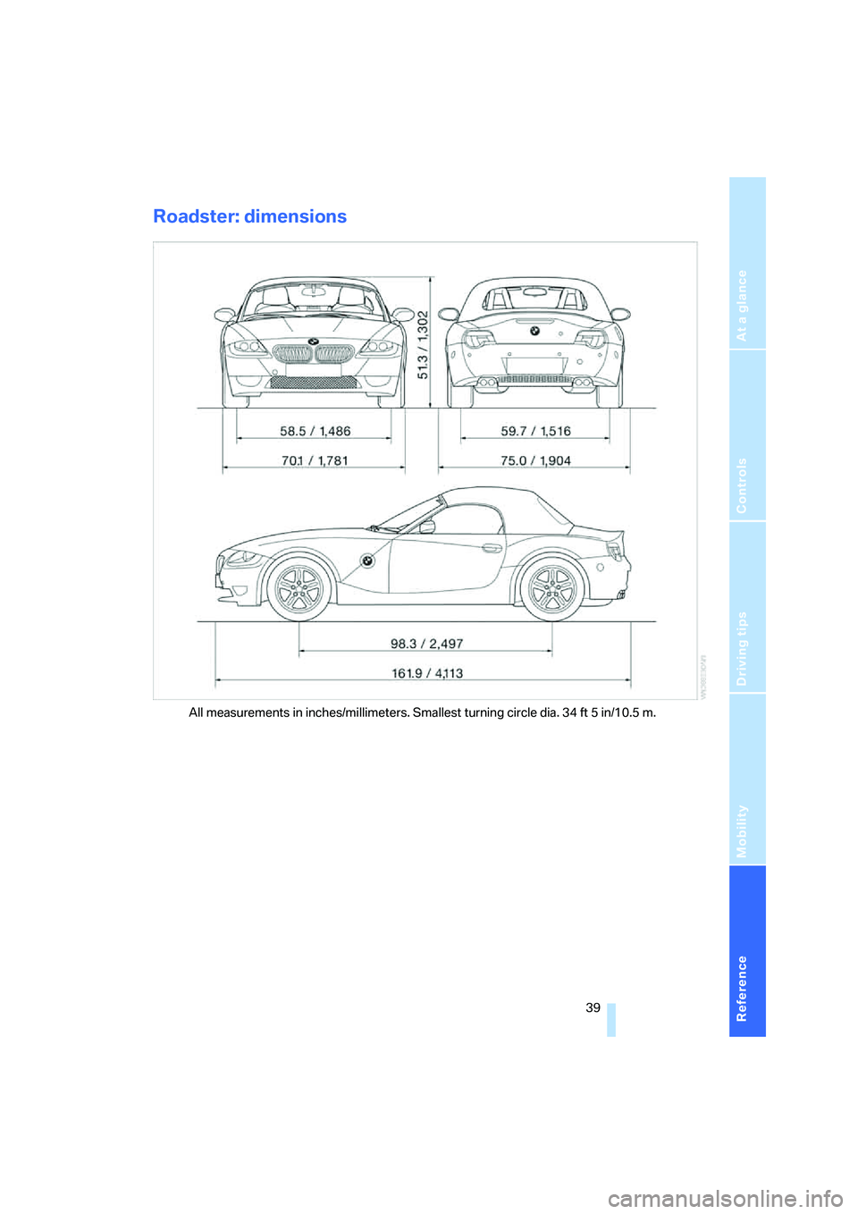 BMW Z4 M ROADSTER&COUPE 2007 Service Manual
Reference
At a glance
Controls
Driving tips
Mobility
39
Roadster: dimensions
All measurements in inches/millimeters. Smallest turning circle dia. 34 ft 5 in/10.5 m. BMW Z4 M ROADSTER&COUPE 2007 Service Manual
Reference
At a glance
Controls
Driving tips
Mobility
39
Roadster: dimensions
All measurements in inches/millimeters. Smallest turning circle dia. 34 ft 5 in/10.5 m.